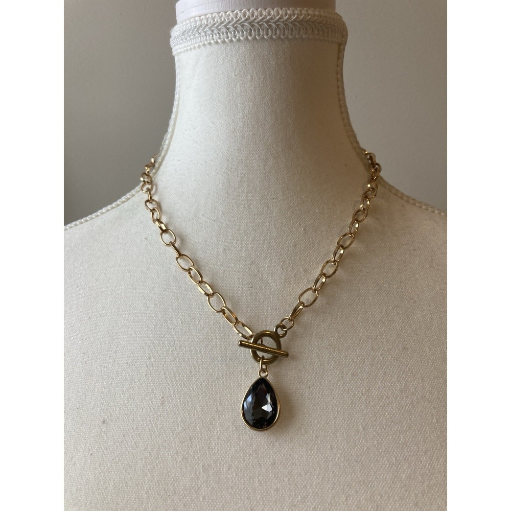Gold Tone Toggle Necklace Black Teardrop Pendant Paperclip Chain Minimalist 18in
